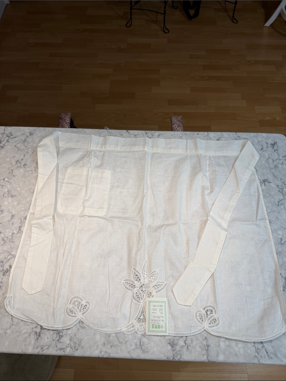 White Embroidered Half Apron with Pocket and Waist Ties